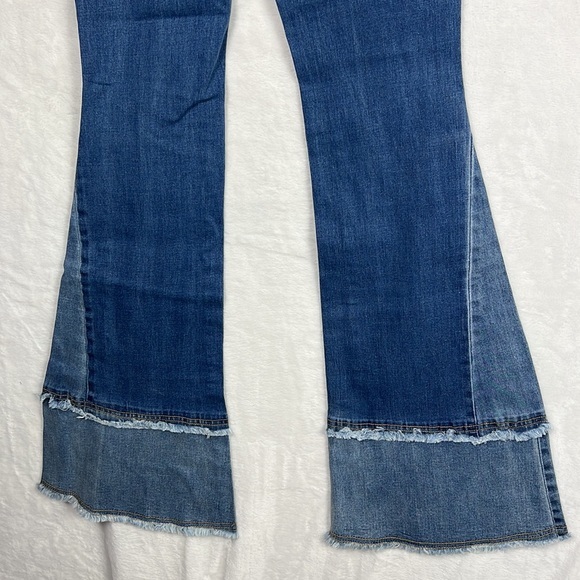 Two Tone Flare BellBottom Patchwork Frayed Hem High Rise Jeans Stretch Denim - Picture 13 of 14